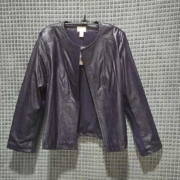 Purple Faux Leather Moto Jacket Lg Chicos 2 Stretch Biker Bomber Boho Glam Rock - Picture 1 of 16